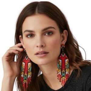 Beaded Fringe Earrings Tribal Boho Statement Long Dangle‎ Multicolor
